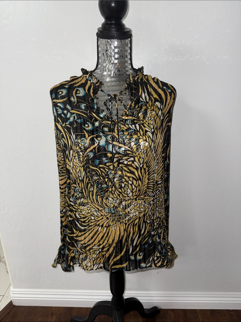 White House Black Market Black, Gold & Teal Pleated Floral Ruffle-Neck Blouse